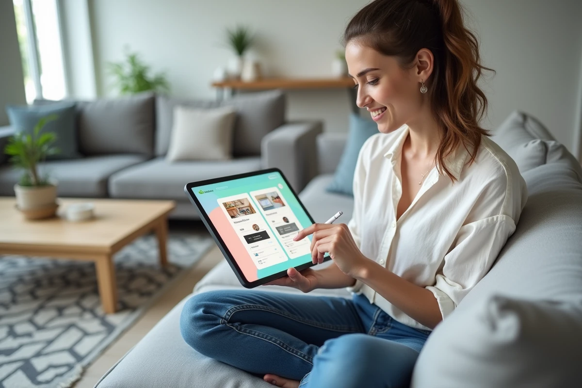 Jeune femme consultant un tableau de bord Canva sur tablette pour planifier la monétisation de ses créations numériques