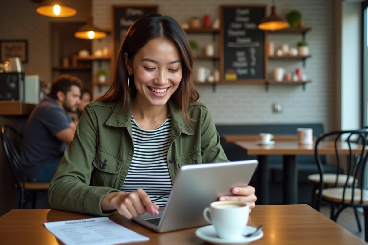 Jeune femme dans un café utilisant une tablette pour s'abonner à un magazine en ligne avec une liste de vérification imprimée