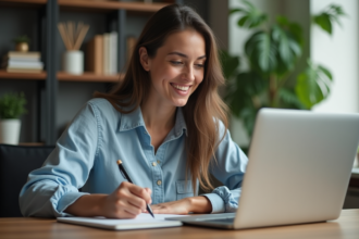 Jeune femme en tenue casual travaillant sur son ordinateur dans un bureau moderne
