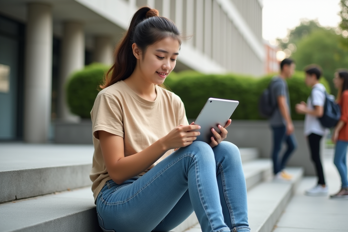Jeune femme assise dehors vérifiant ses notes sur une tablette