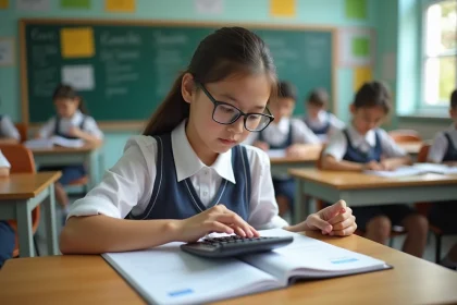 Jeune fille en uniforme scolaire utilisant une calculatrice dans une classe lumineuse