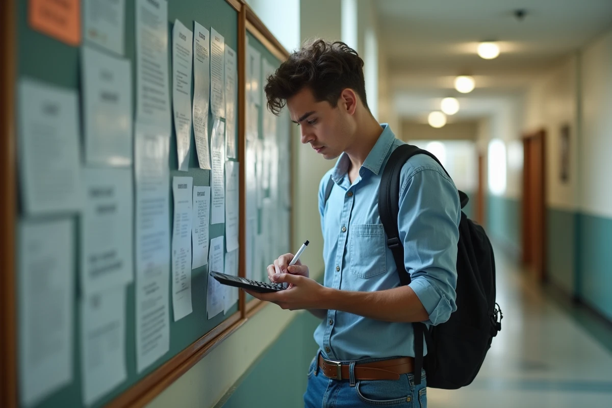 Jeune homme étudiant vérifiant ses notes en université