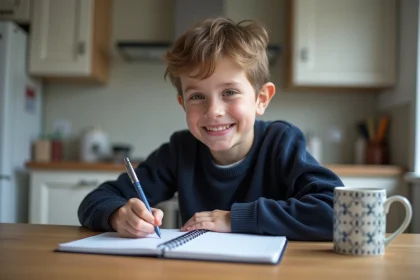 Adolescent souriant écrivant dans un carnet à la maison