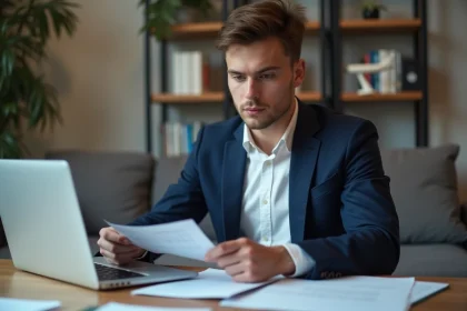 Jeune homme concentré à son bureau avec documents et ordinateur
