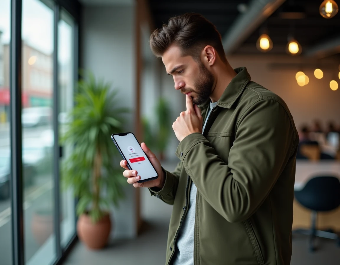 Jeune homme consultant son smartphone face à une erreur de connexion sur le site NÉO Yvelines