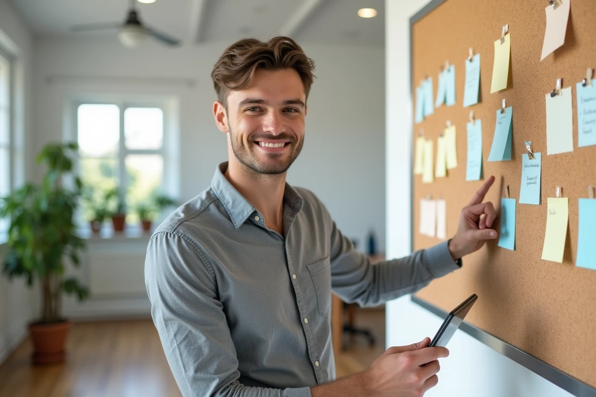 Jeune homme consultant un tableau de bord métiers dans un centre d'orientation professionnelle