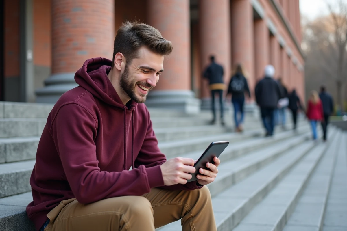 Jeune homme souriant utilisant une tablette en extérieur à l