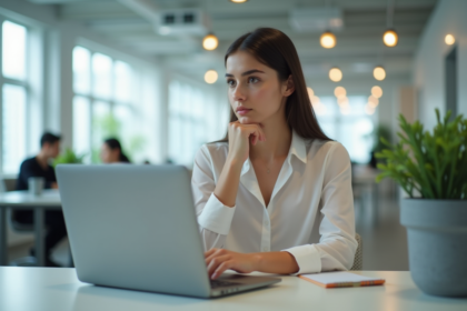 Jeune femme stagiaire concentrée au bureau moderne
