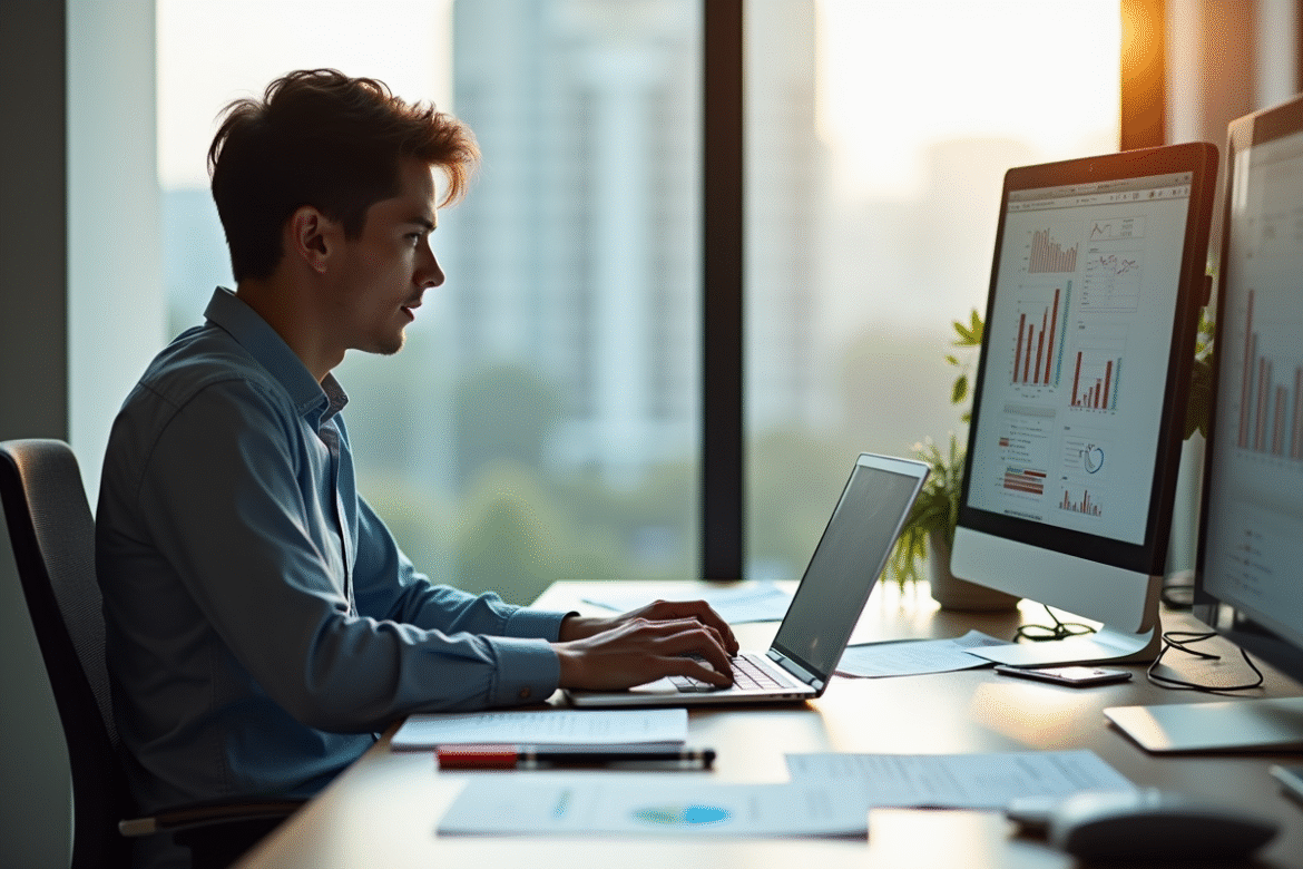 Jeune professionnel analysant des données marketing sur son ordinateur