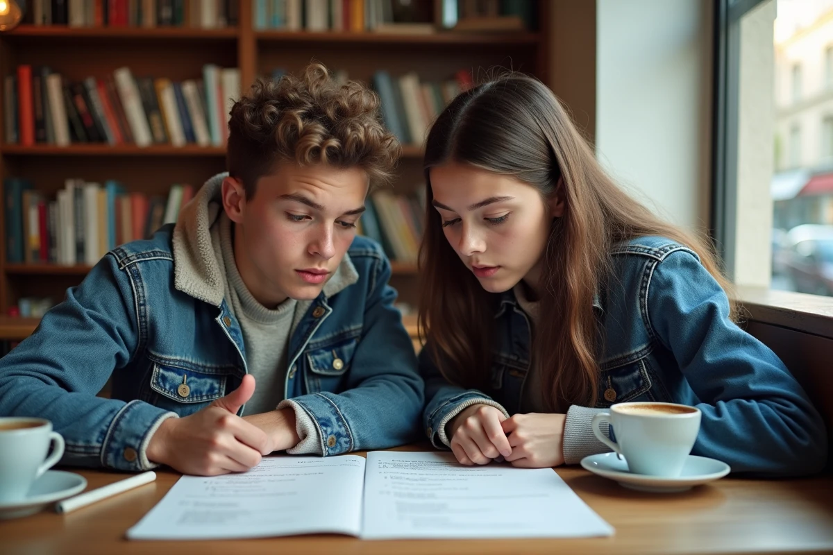 Deux lycéens français discutant à un café avec dialogue imprimé
