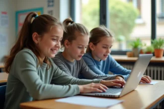 Trois collégiens français découvrant EasyScol en classe