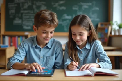 Jeune garçon et fille en uniforme scolaire utilisant des tablettes