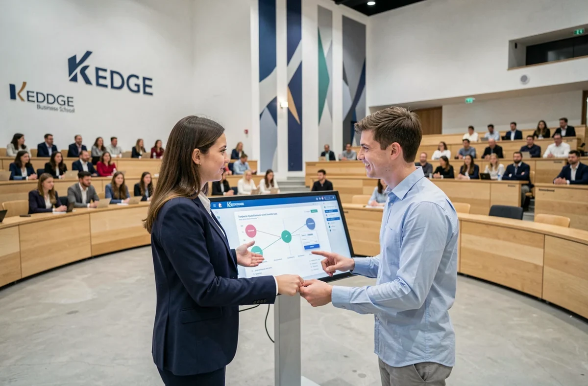Étudiants présentant un projet dans l'auditorium moderne de KEDGE Business School à Bordeaux