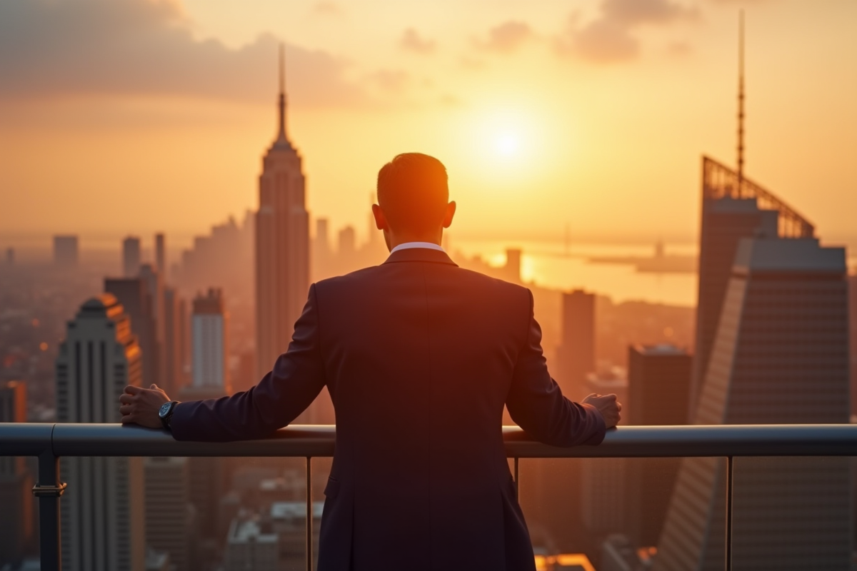Leader d affaires regardant la ville au lever du soleil