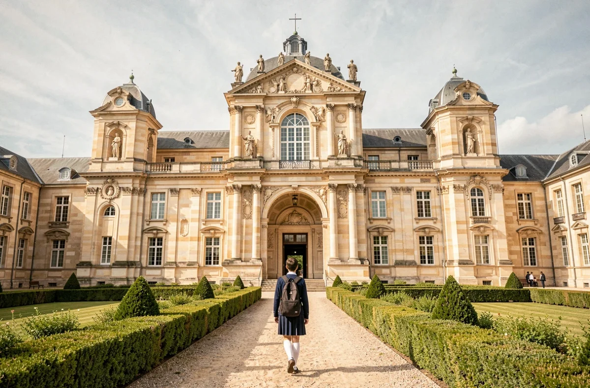 Façade de l'abbaye-lycée catholique de Pontlevoy et son jardin formel