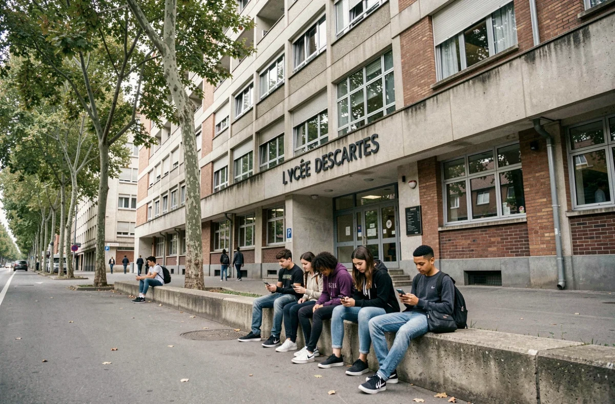 Façade moderniste du lycée Descartes à Tours avec des lycéens à l'extérieur