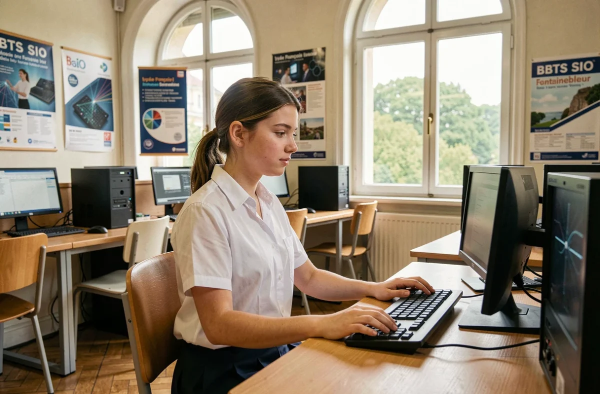 Lycéenne en BTS SIO travaillant en salle informatique au Lycée François Ier à Fontainebleau