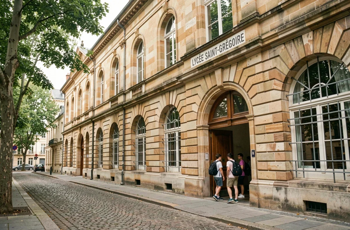 Façade du lycée Saint-Grégoire à Tours avec des élèves à l'entrée