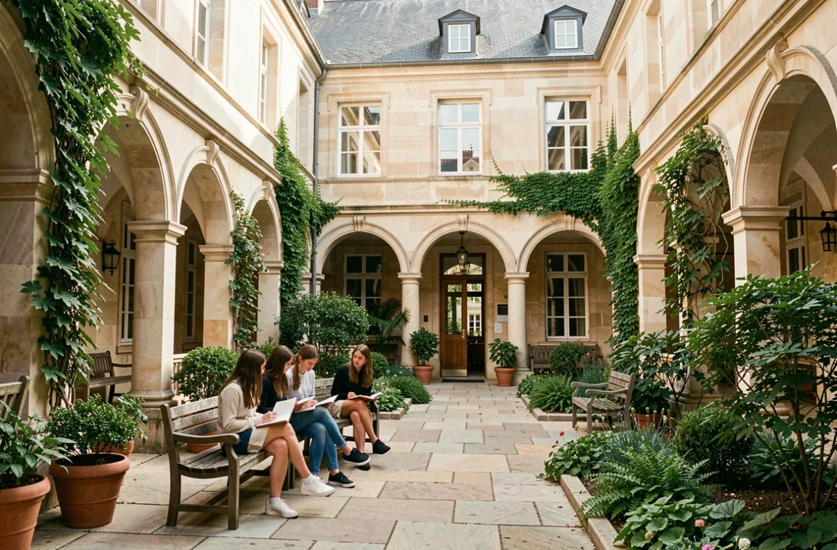 Cour intérieure du lycée Sainte-Ursule à Tours avec des lycéennes