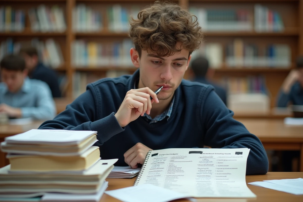 Lycéen entouré de manuels scolaires révisant les conjugaisons des temps de l'indicatif en bibliothèque