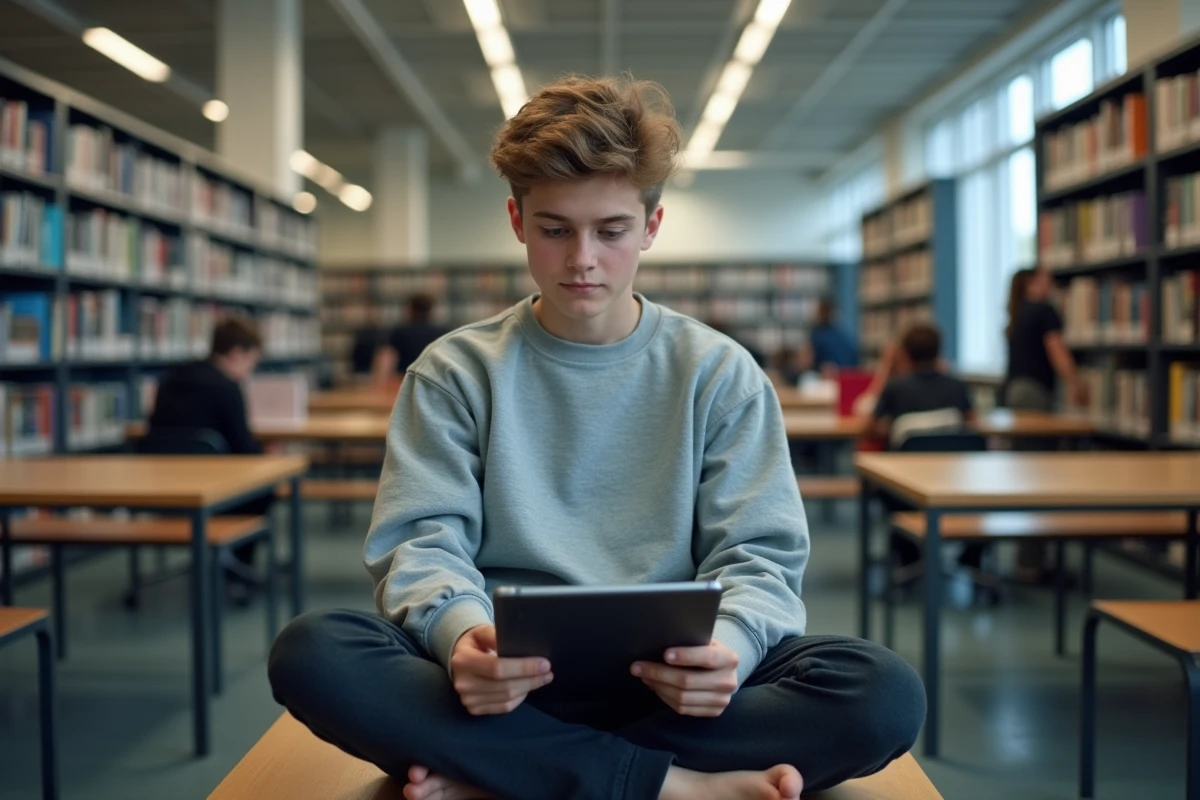 Lycéen utilisant une tablette pour consulter son planning d'examens et ses devoirs dans une bibliothèque scolaire