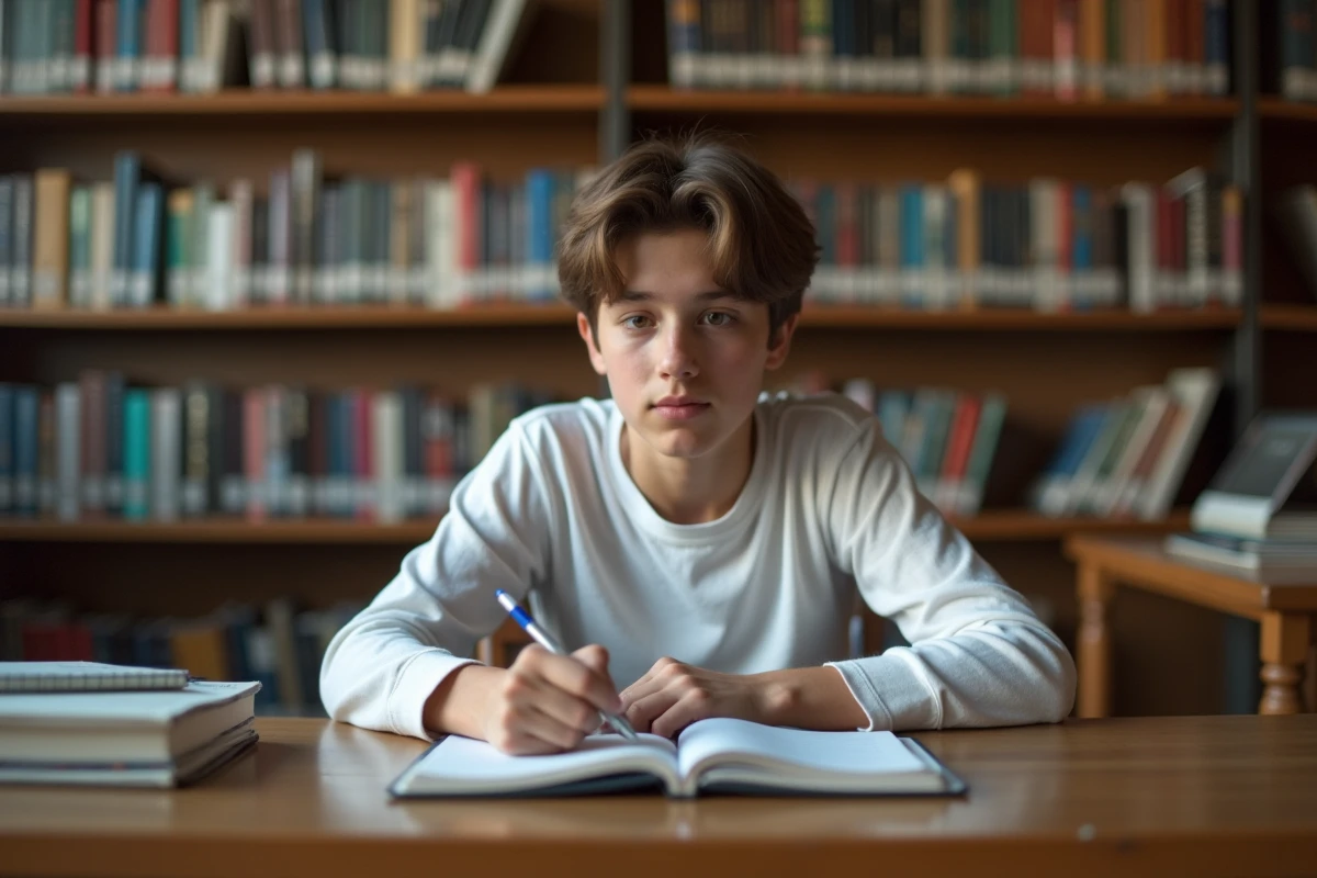 Lycéen en train de prendre des notes sur les figures de style dans une bibliothèque scolaire la veille de l'examen de français