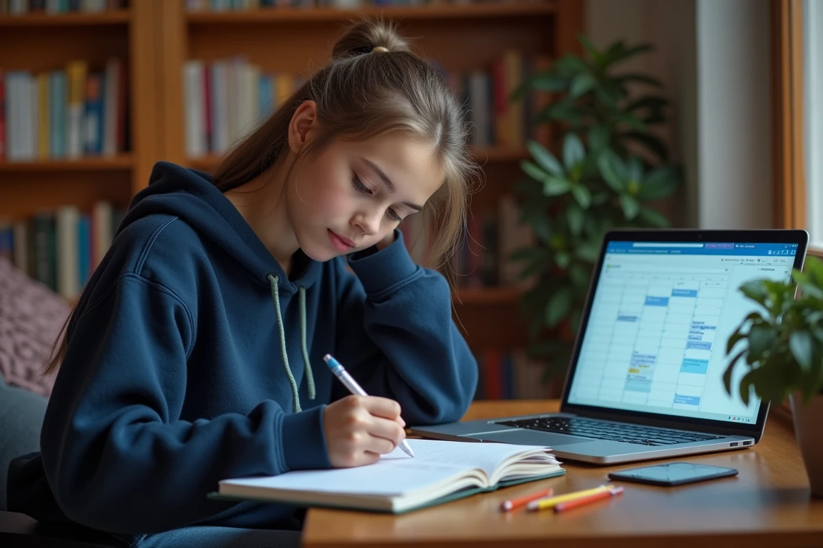 Lycéenne consultant un calendrier scolaire en ligne tout en prenant des notes dans un agenda papier sur son bureau