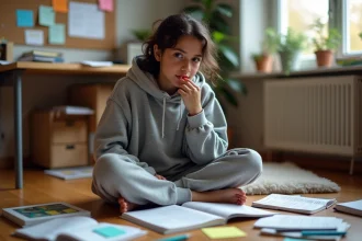 Lycéenne révisant les figures de style sur le plancher de sa chambre entourée de fiches et de manuels la veille du Bac de français
