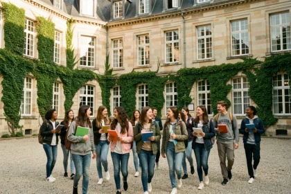 Des lycéens marchent dans la cour d'un lycée historique de la région Centre-Val de Loire