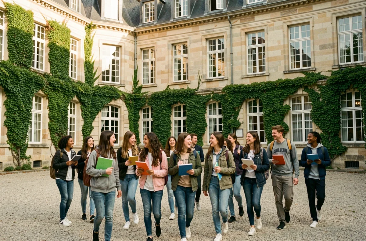 Des lycéens marchent dans la cour d'un lycée historique de la région Centre-Val de Loire