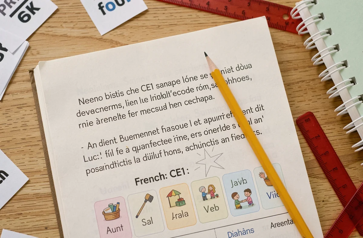 Vue de dessus d'un manuel de lecture CE1 ouvert sur un texte court entouré de fiches de vocabulaire et d'un crayon sur une table en bois