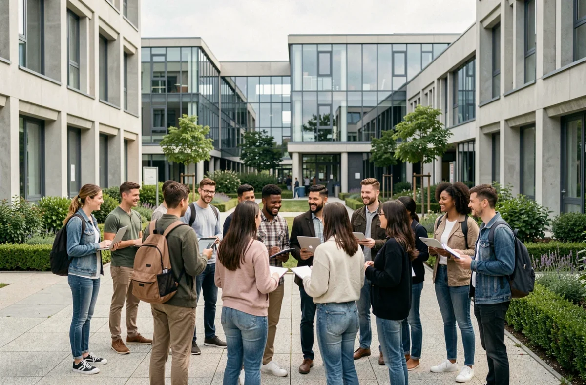 Étudiants en école de commerce dans le Val-de-Marne, réunis sur un campus universitaire moderne près de Paris