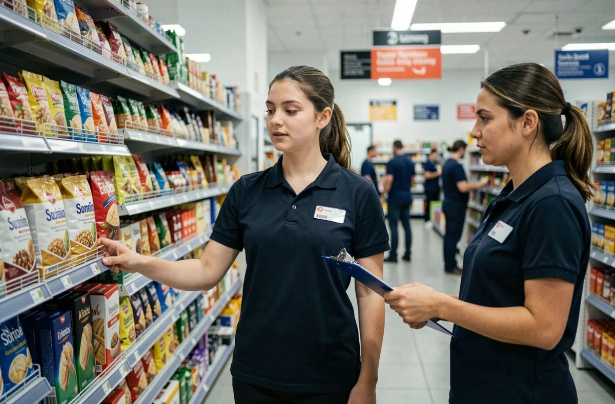 Jeune employé sans expérience préalable recevant une formation en situation de travail dans un magasin de commerce, encadré par un responsable