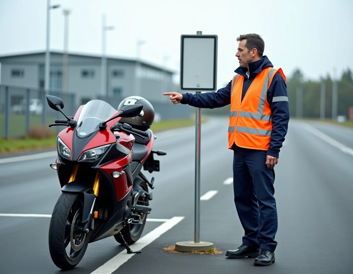 Moniteur d'auto-école moto expliquant un panneau de signalisation pour le code de la route