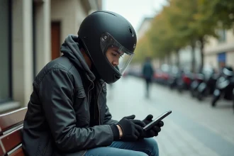Jeune motard consultant le code de la route sur smartphone pour le permis A2