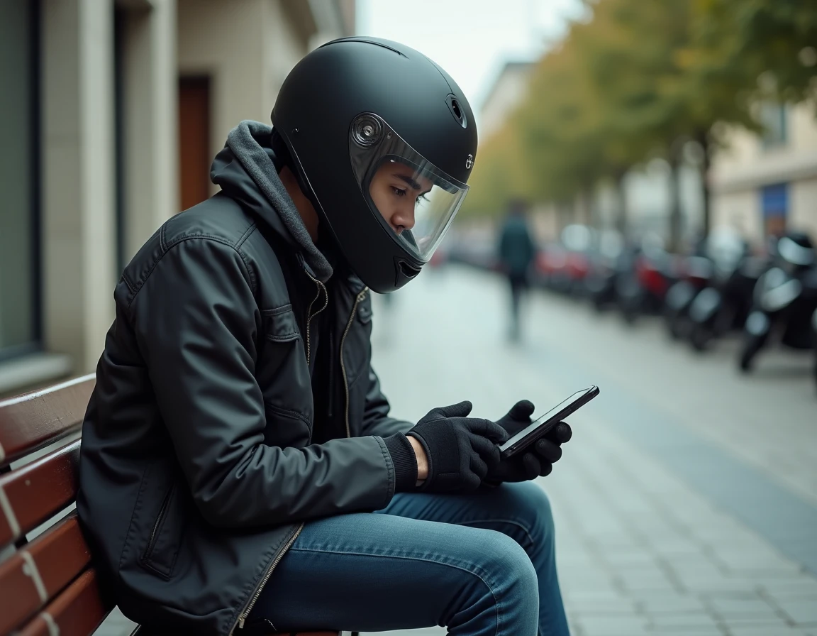 Jeune motard consultant le code de la route sur smartphone pour le permis A2