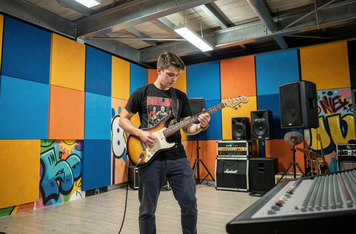 Un jeune guitariste jouant de la guitare électrique sur scène dans les locaux modernes de Music Axion, école des musiques actuelles Ibanez à Rennes, avec des panneaux acoustiques colorés
