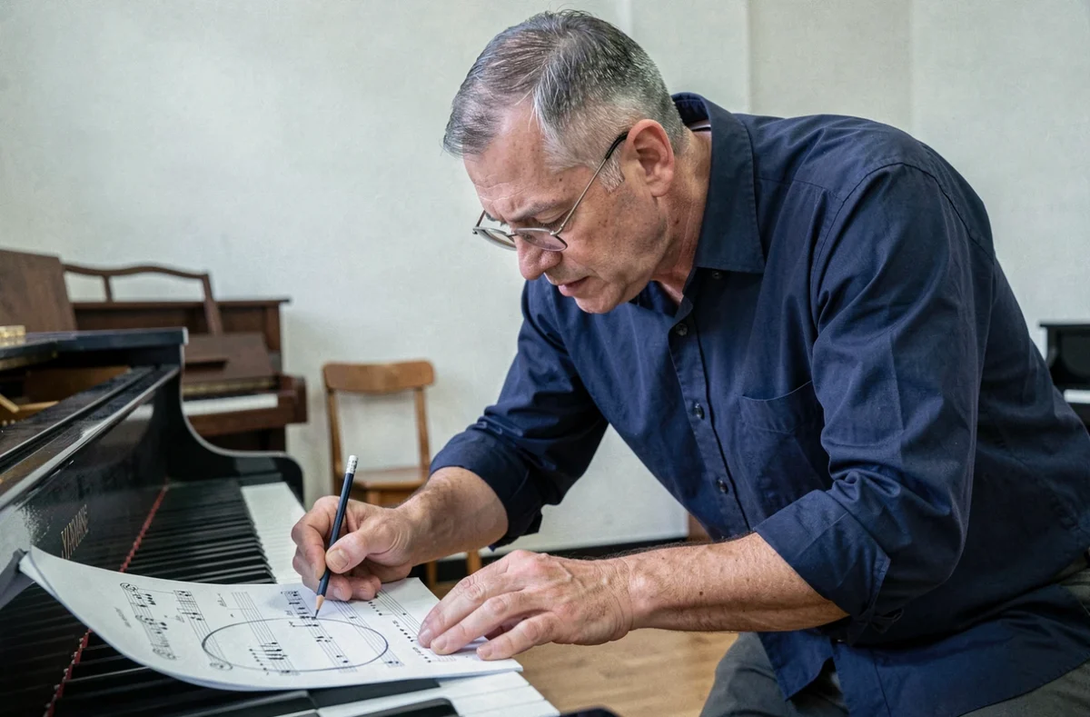Musicien adulte annotant une partition de clef de FA au crayon sur un piano à queue dans une salle de conservatoire