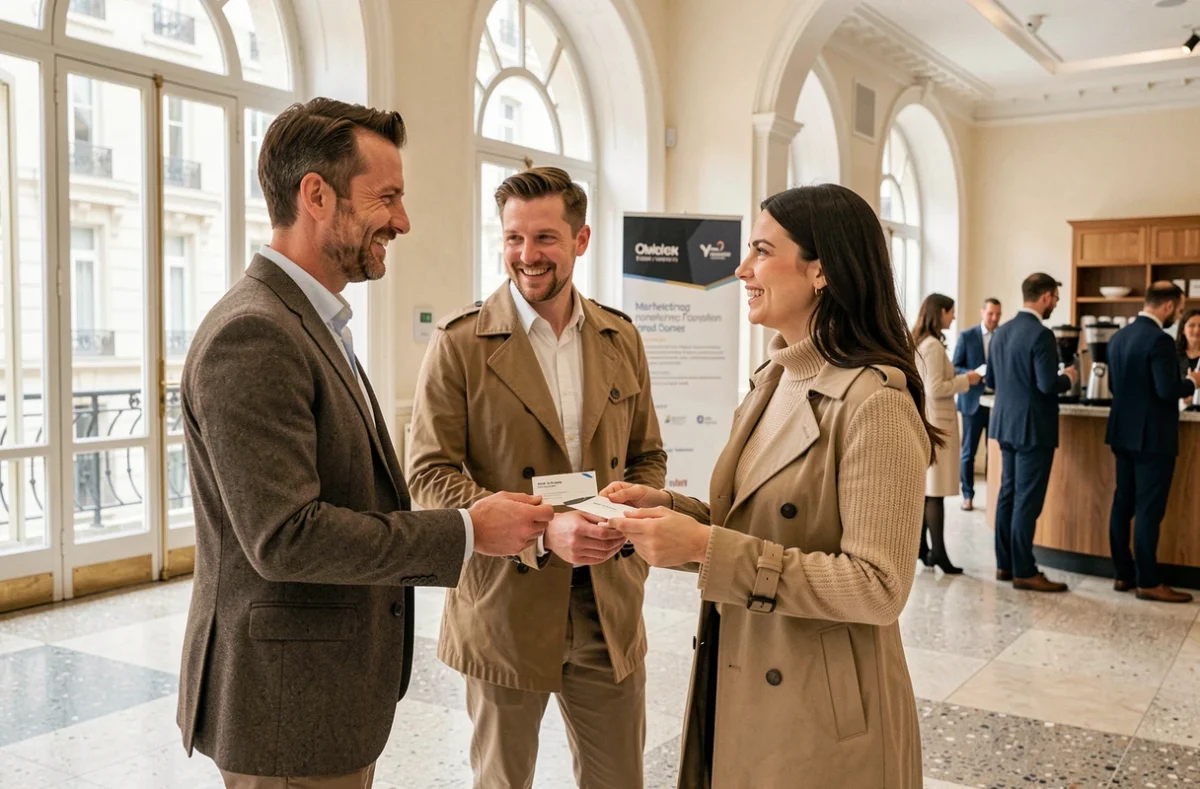 Networking professionnel après une conférence marketing à Paris avec échange de cartes de visite dans un foyer élégant