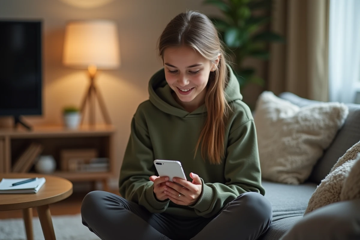 Adolescente recevant une notification push d'une application scolaire OZE sur son iPhone dans le salon