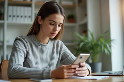Jeune femme paramétrant l'application ENT Sigma sur son smartphone Android à son bureau à domicile