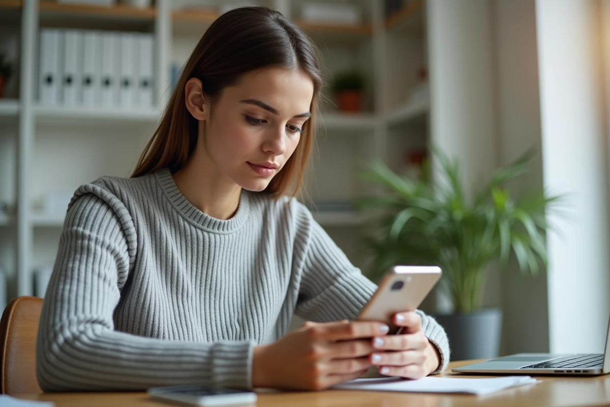 Jeune femme paramétrant l'application ENT Sigma sur son smartphone Android à son bureau à domicile