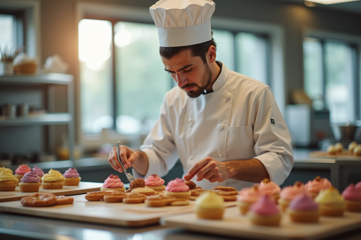 Chef pâtissier décorant des pâtisseries colorées dans une cuisine lumineuse
