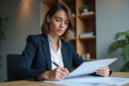 Professionnelle en blazer marine annotant une lettre de recommandation professionnelle personnalisée à son bureau
