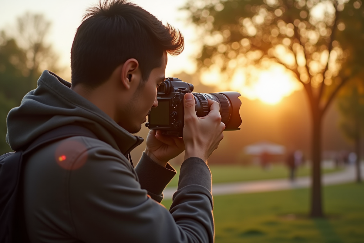 Photographe professionnel ajustant son appareil en plein air dans un parc