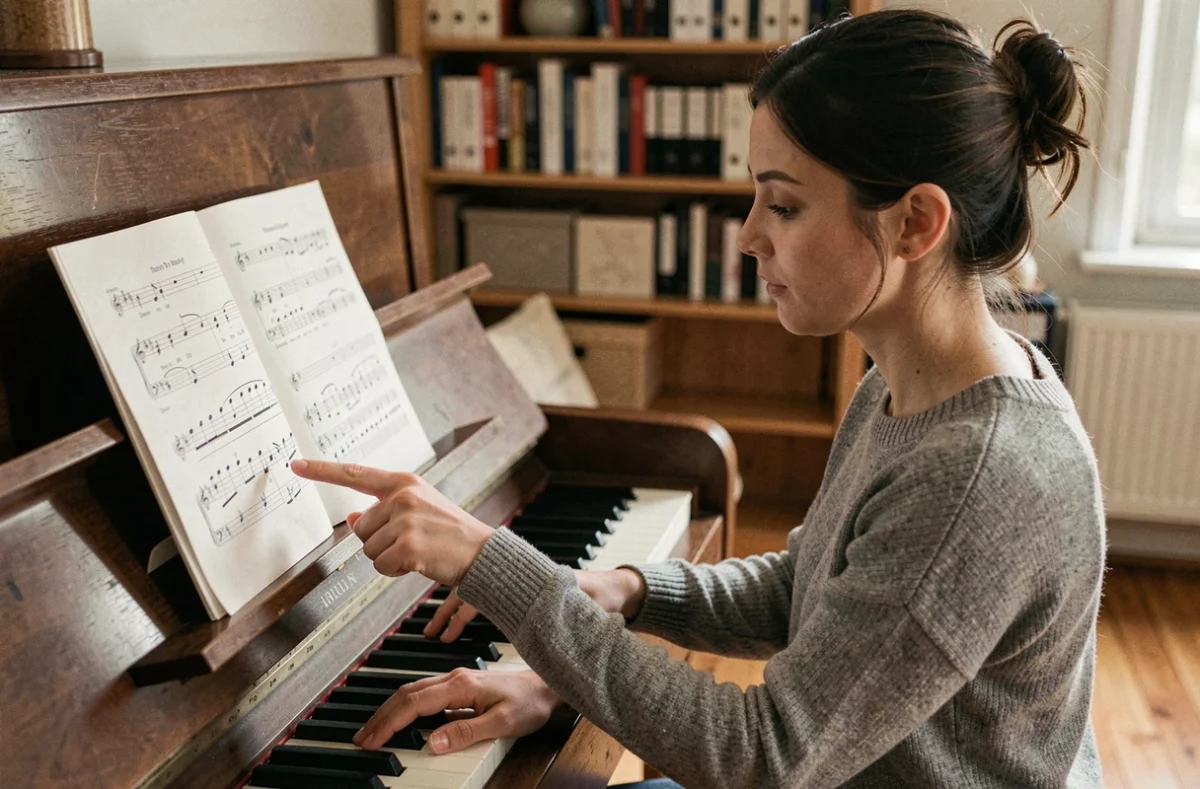 Pianiste adulte étudiant la clef de FA sur une partition posée sur un piano droit dans une salle de musique chaleureuse