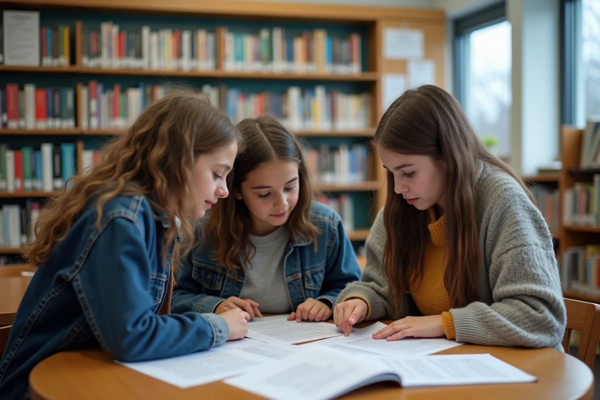 Groupe de lycéens révisant ensemble le discours de candidature au poste de délégué autour d'une table dans une bibliothèque scolaire