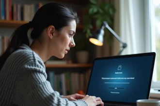 Femme frustrée devant un message d'erreur de connexion sur son ordinateur portable à domicile