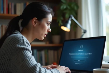 Femme frustrée devant un message d'erreur de connexion sur son ordinateur portable à domicile