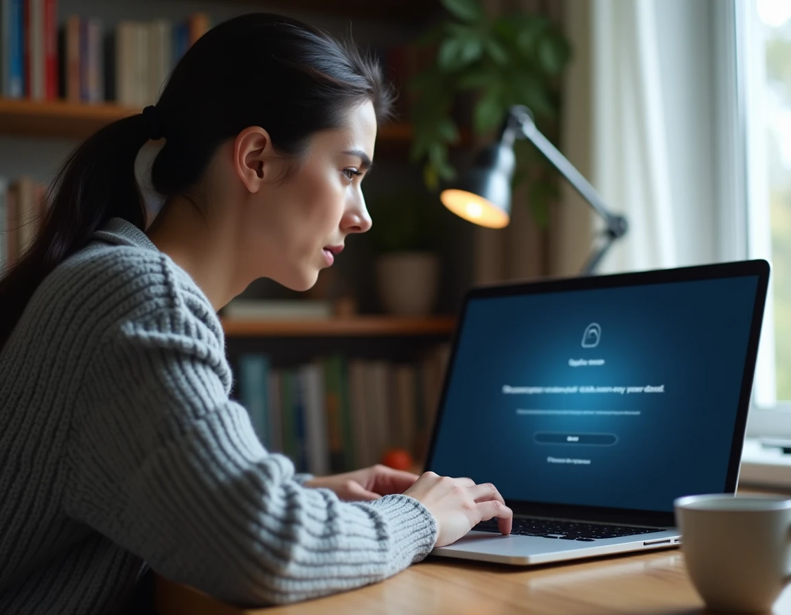 Femme frustrée devant un message d'erreur de connexion sur son ordinateur portable à domicile